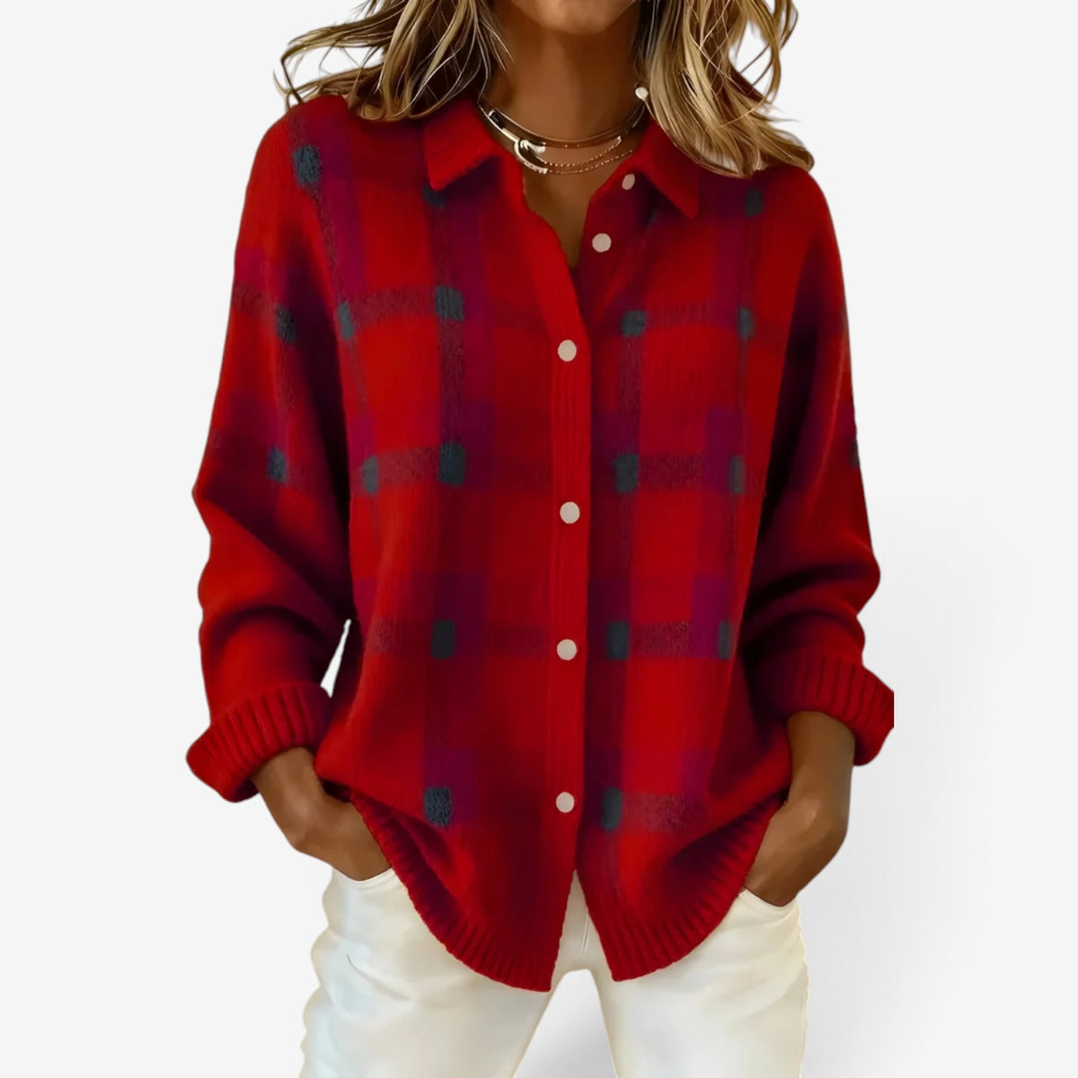 Celine™ Checked Button-Up Sweater