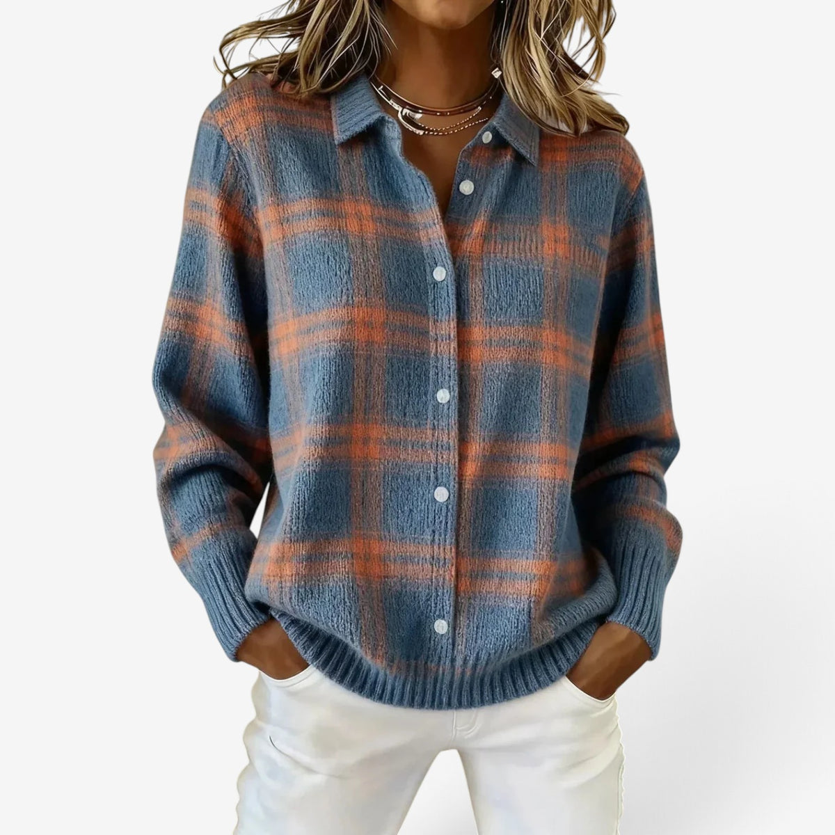 Celine™ Checked Button-Up Sweater