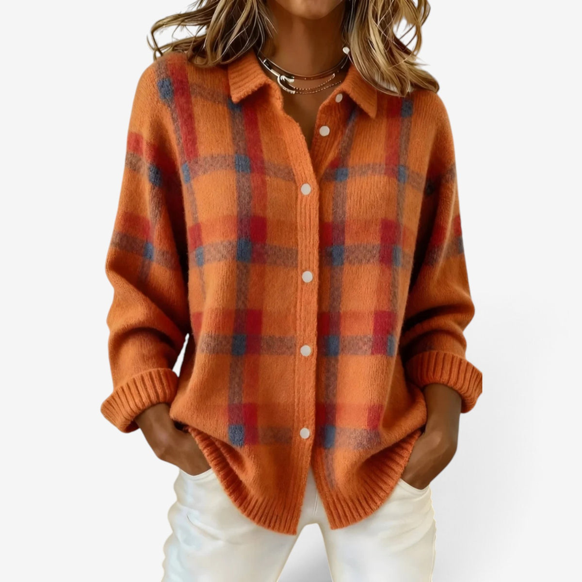 Celine™ Checked Button-Up Sweater