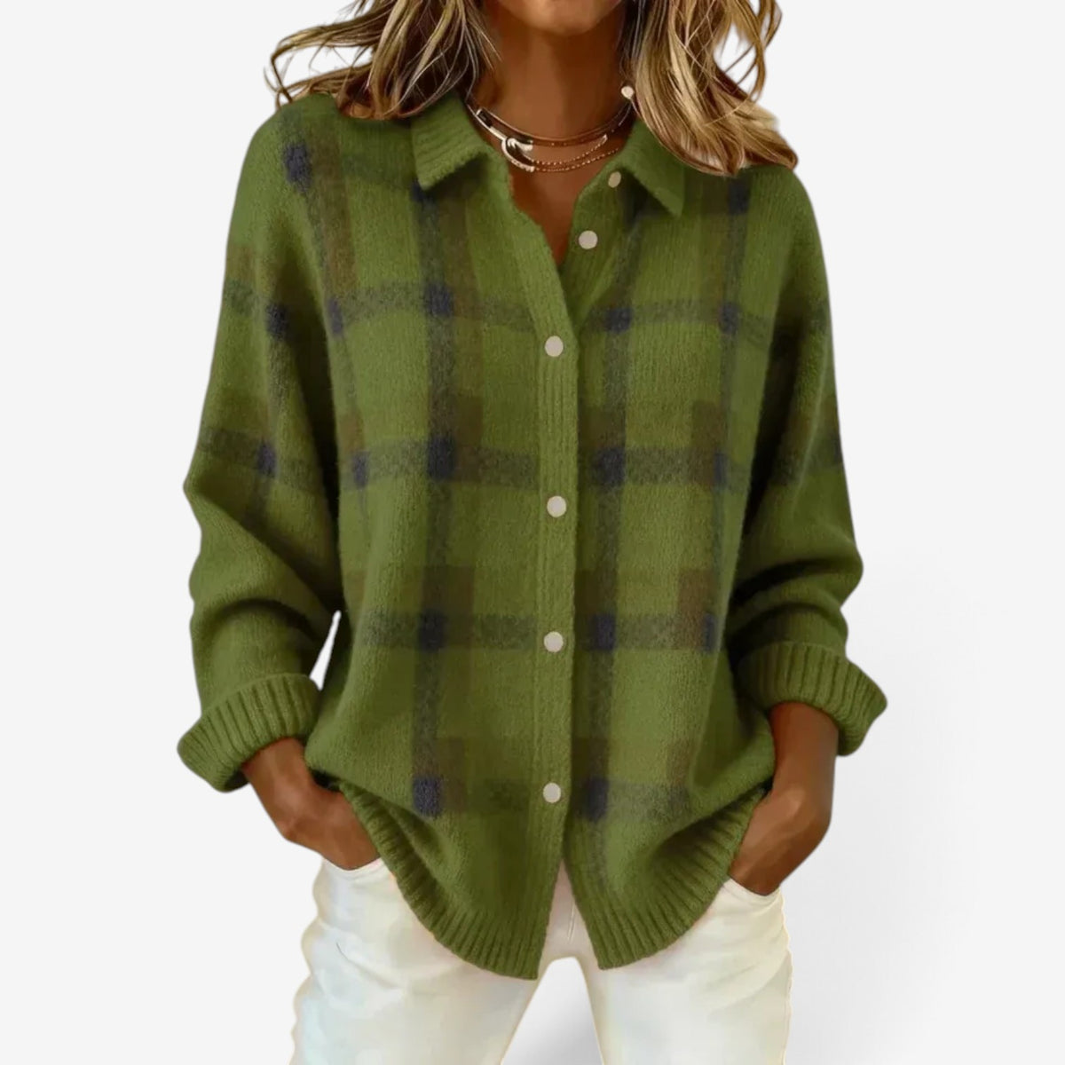 Celine™ Checked Button-Up Sweater