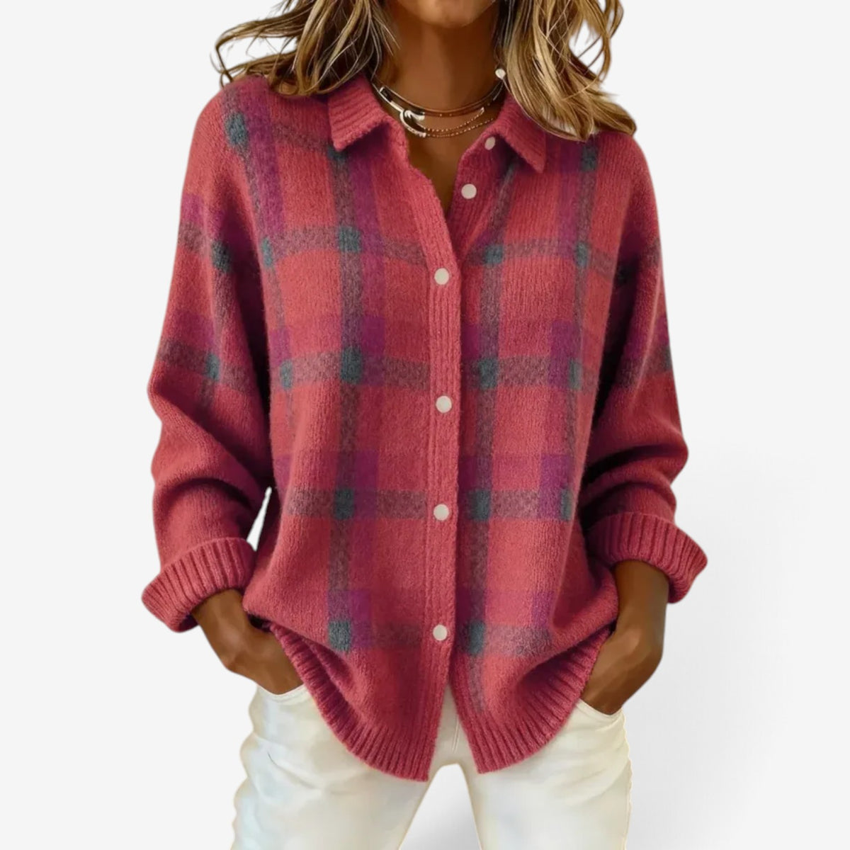 Celine™ Checked Button-Up Sweater
