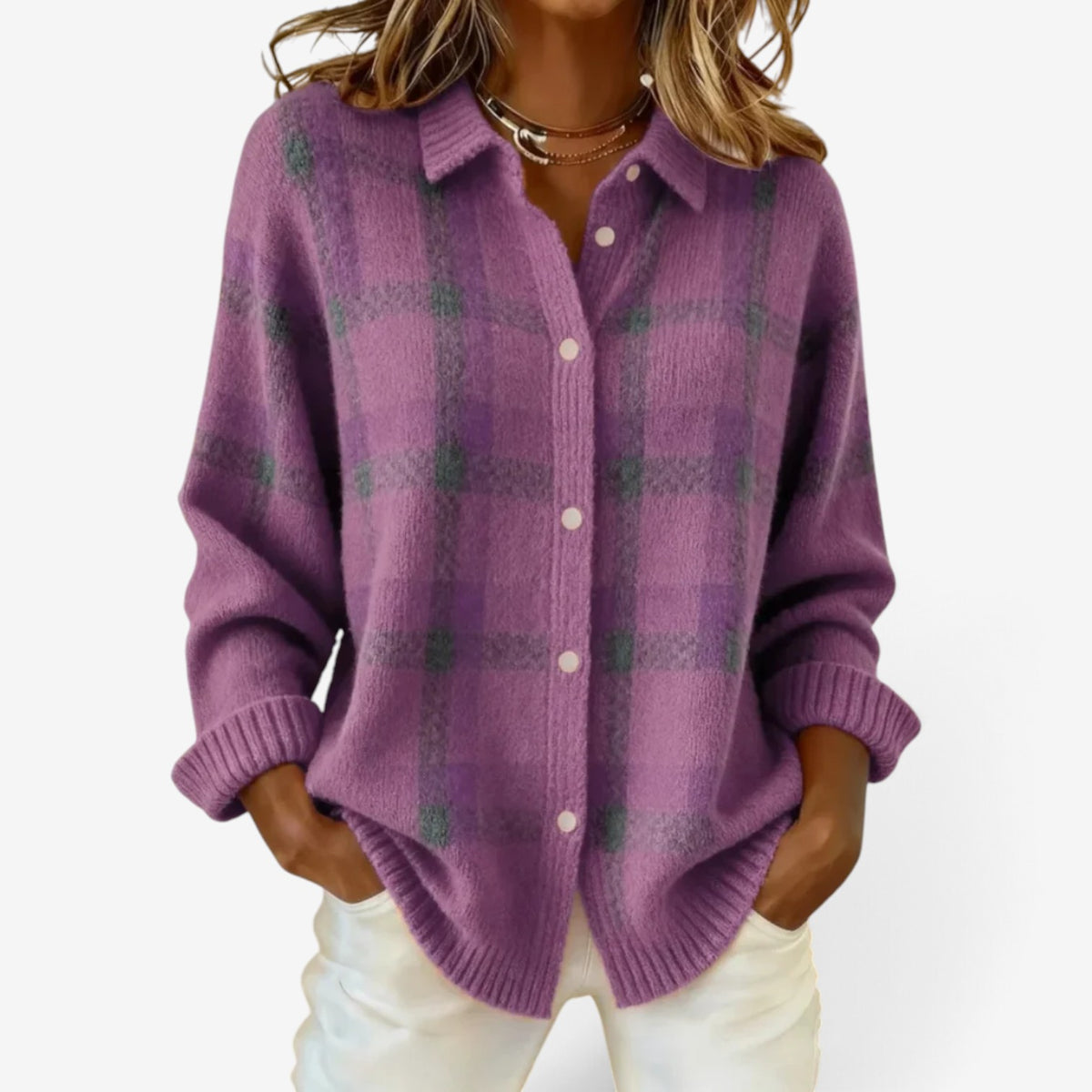 Celine™ Checked Button-Up Sweater