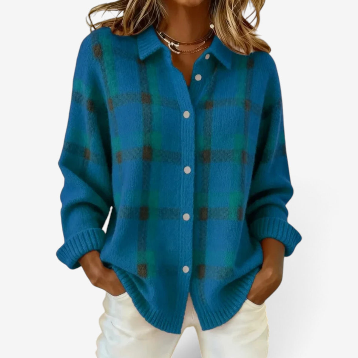 Celine™ Checked Button-Up Sweater