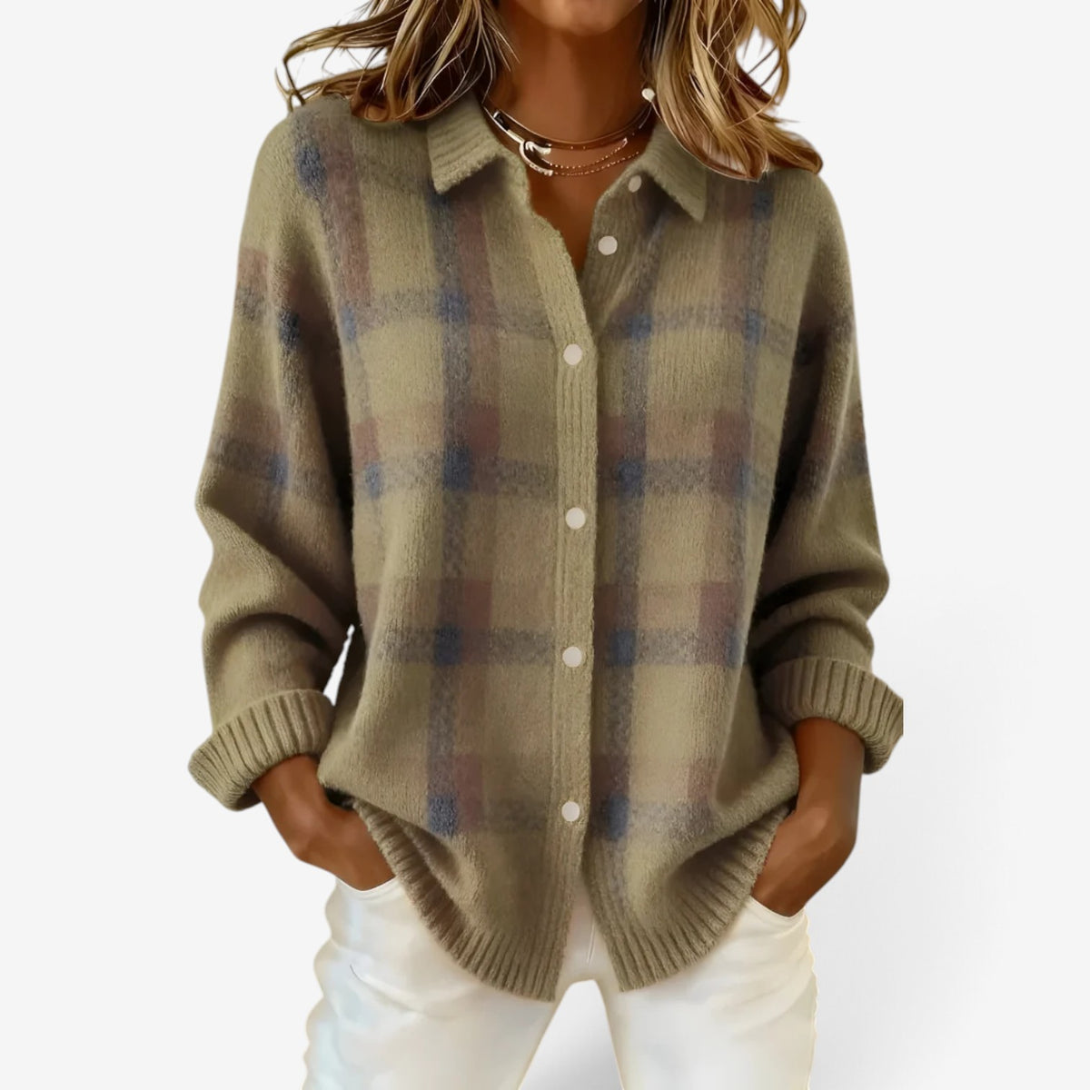 Celine™ Checked Button-Up Sweater