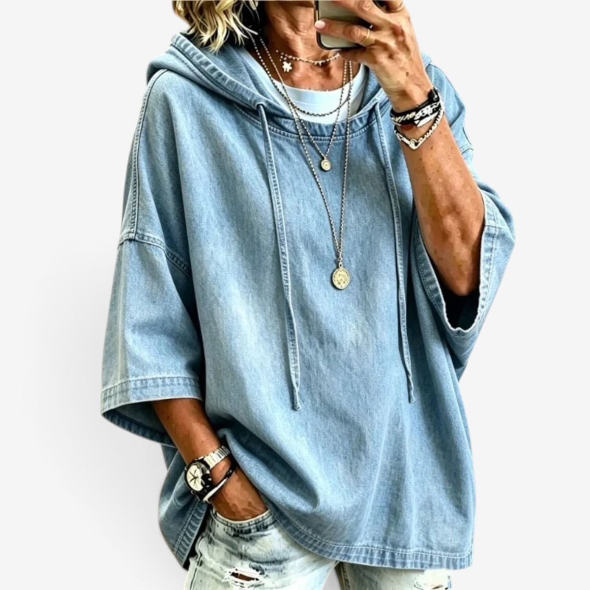 Richelle™ Oversized denim hooded top