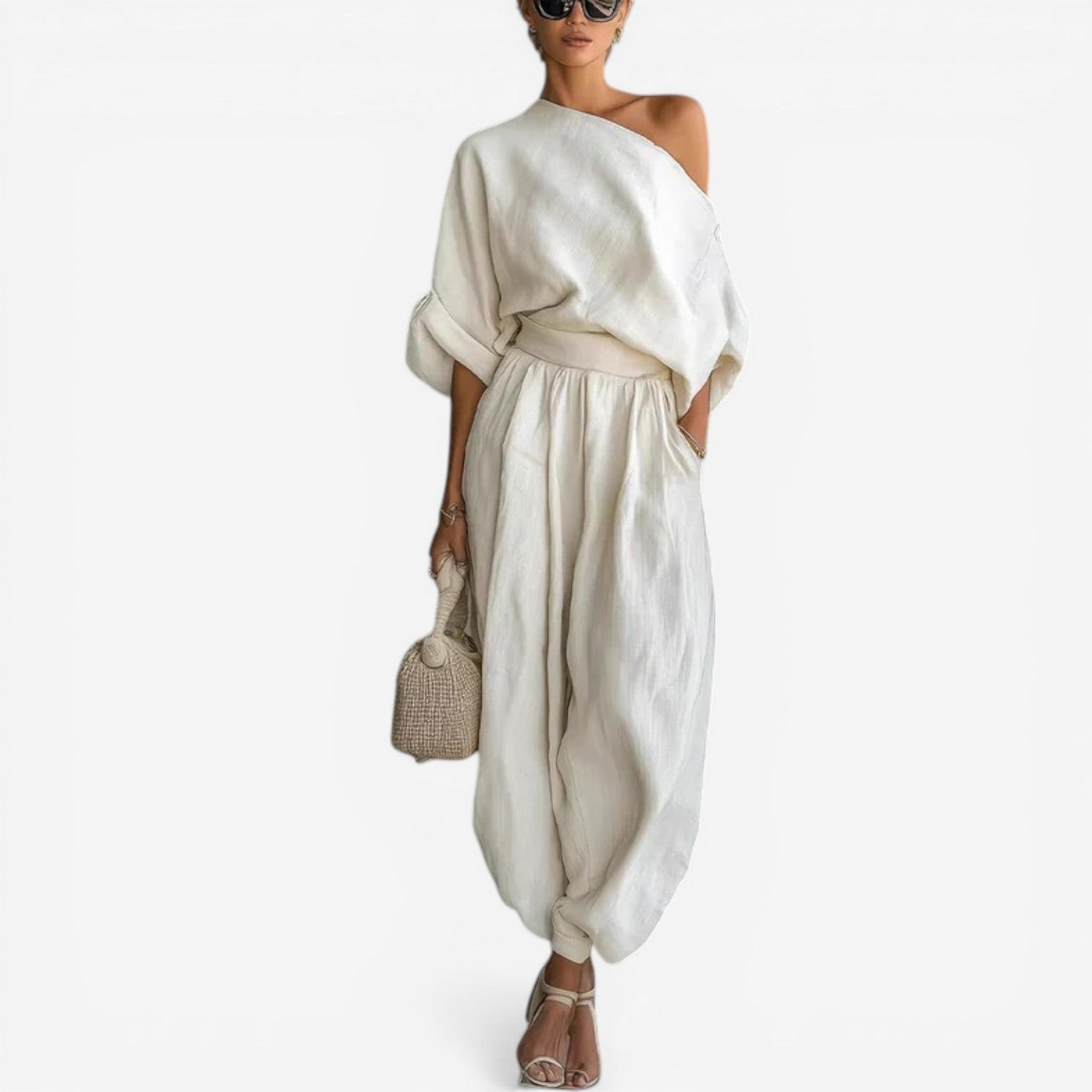 Jessica™ One-shoulder linen suit